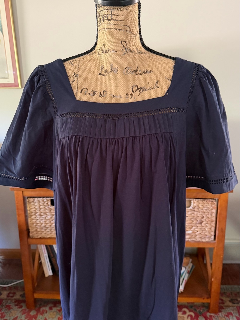 Tahari Navy Square-Neck Peasant Tunic
